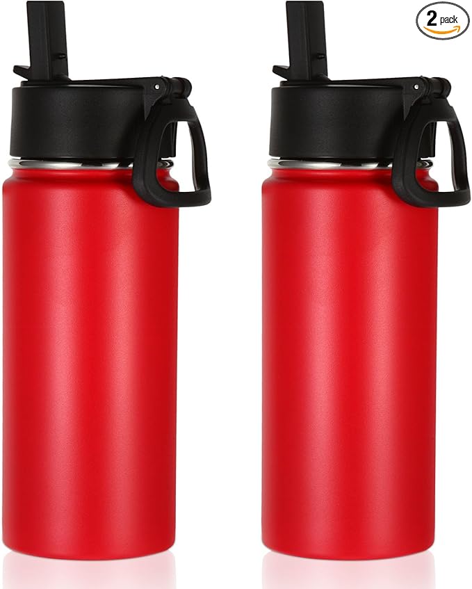 Volhoply 16 OZ Kids Water Bottle Bulk 2 Pack,Insulated Sports Bottles with Straw Lid,Stainless Steel Bottle with Handle Keep Cold & Hot,Double Wall Vacuum Tumbler Cups for School,Girls(Red, 2)