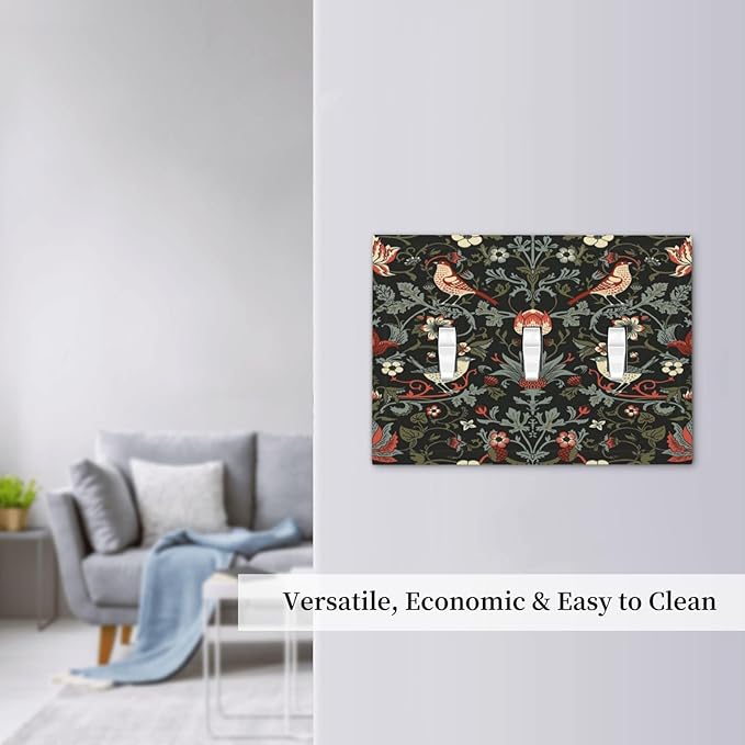 Vintage Birds Berries Mid Century Floral Flower Decorative Switch Plates 3 Gang Wall Plate Triple Toggle Light Switch Cover Faceplate Electrical Wall Panels for Bedroom Living Room Decor