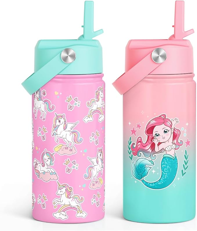 SANDJEST Kid Water Bottle 12oz with Straw Lid - 2-Pack Insulated Stainless Steel Water Bottles for Kids Girls - Travel Cup for School Sports, Unicorn & Mermaid