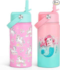 SANDJEST Kid Water Bottle 12oz with Straw Lid - 2-Pack Insulated Stainless Steel Water Bottles for Kids Girls - Travel Cup for School Sports, Unicorn & Mermaid