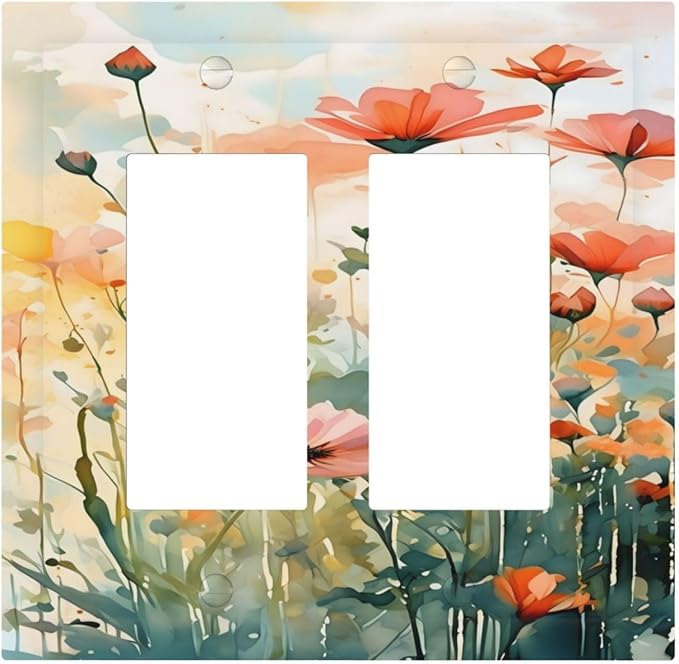 Vintage Red Orange Yellow Poppy Floral Flowers Decorative Outlet Covers 2 Gang Double GFCI Rocker Electrical Wall Panels Light Switch Cover Plate for Bedroom Living Room Decor