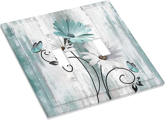 Teal Daisy Vintage Flower Butterfly Rustic Wood Print Decorative Switch Plates 2 Gang Double Toggle Outlet Light Switch Cover Wall Plate Electrical Faceplate for Farmhouse Home Decor