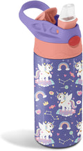 12oz Girl Water Bottle with Straw Lid & Handle - Unicorn Leak Proof Water Bottles Kids, Double-Wall Stainless Steel Pop-top Lid Purple Kids Insulated Bottles for School, Gift Cup for Kid