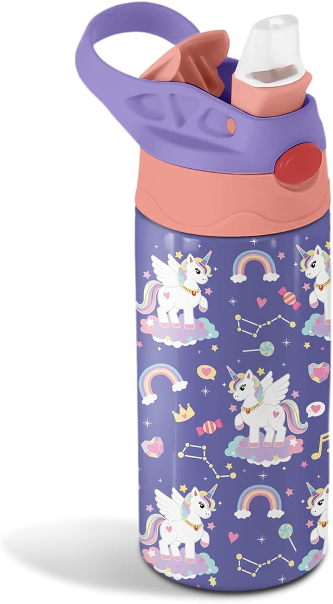 12oz Girl Water Bottle with Straw Lid & Handle - Unicorn Leak Proof Water Bottles Kids, Double-Wall Stainless Steel Pop-top Lid Purple Kids Insulated Bottles for School, Gift Cup for Kid