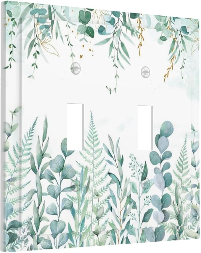 Boho Green Eucalyptus Leaf Floral Sage Flower Decorative Switch Plates 2 Gang Double Toggle Outlet Light Switch Cover Wall Plate Electrical Faceplate for Bedroom Living Room Decor