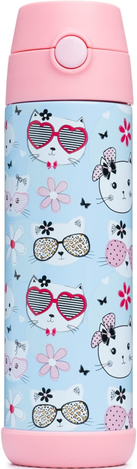 Snug Insulated Kids Water Bottle with Straw & Spout – Double-Wall Stainless Steel, Leakproof, Easy-Flip Lid – For School, Travel, Toddlers & Big Kids - Kitty, 17oz
