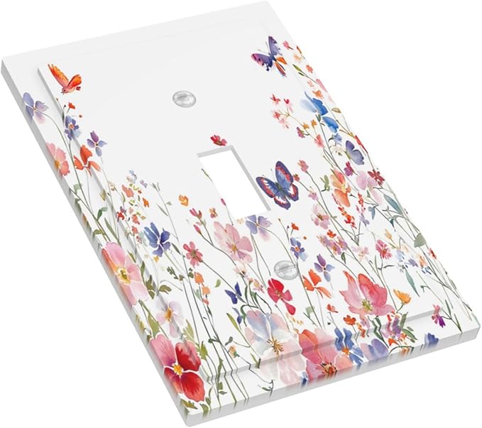 Colorful Flower Watercolor Floral Butterfly Bird Decorative Light Switch Cover 1 Gang Single Toggle Device Electrical Faceplate Switchplates Decorator Outlet Wall Plate for Bedroom Living Room Decor