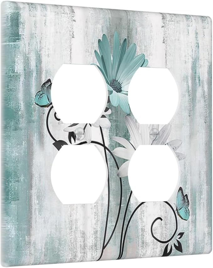 Teal Daisy Vintage Flower Butterfly Rustic Wood Print Outlet Covers 2 Gang Double Duplex Decorative Light Switch Covers Electrical Wallplates Socket Faceplate for Farmhouse Home Decor