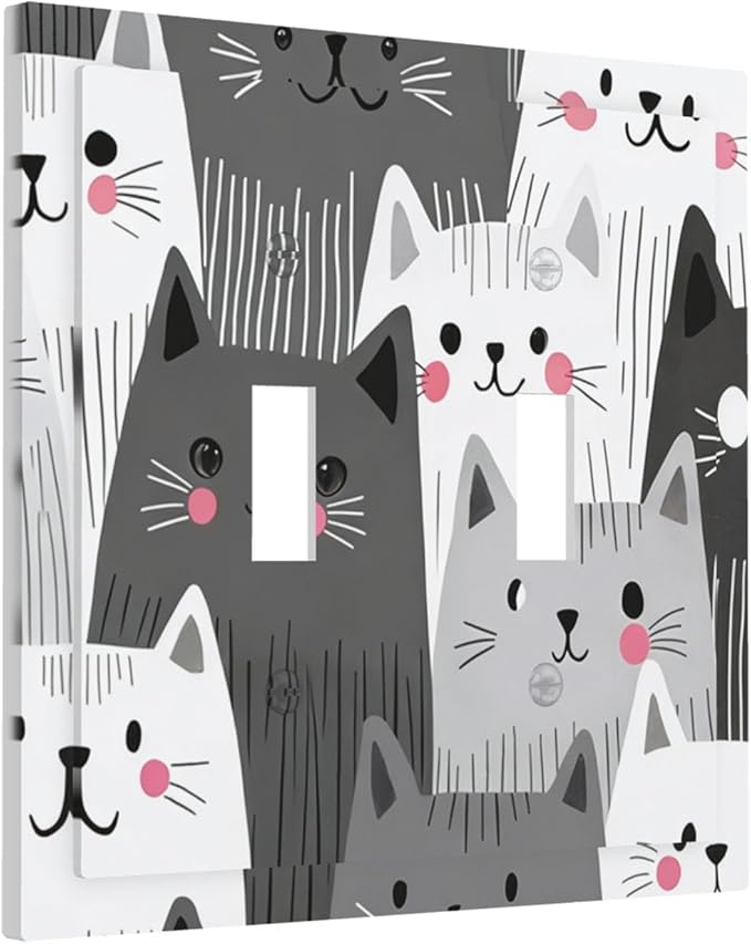 Playful Monochrome Cats with Blush Cheeks Double Toggle Switch Cover - 2-Gang Standard US Size Funny Cat Light Switch Covers for Boys & Girls Bedroom Decor