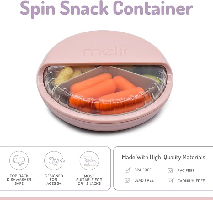 melii Spin Snack Container | 3-Compartment Rotating Snack Box with Sliding Window, BPA-Free, Dishwasher Safe, Portable Snack Container for Kids Ages 3+ (Pink)