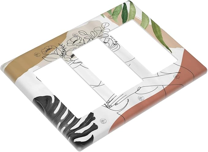 Mid Century Abstract Women Lady Boho Palm Leaf 3 Gang Rocker Light Switch Covers Decorative Unique Triple Outlet Wall Plate Cover Faceplate Decorative Switchplate GFCI for Bedroom Bathroom Decor
