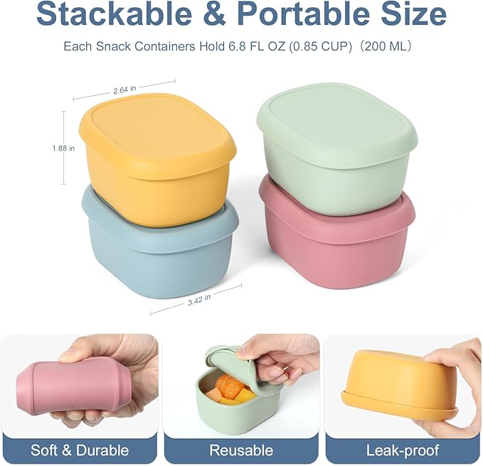 4 pcs 7 oz Silicone Snack Containers for Kids Small Food Containers with Lids, Fruit Container for Lunch, Stackable Lunch Container for Kids, Daycare, School and Travel