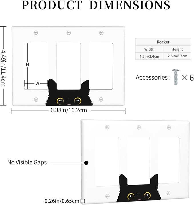 Cute Cat Black Triple Gang Rocker Decorative Light Switch Cover, 3-Gang Wall Plate Outlet Cover