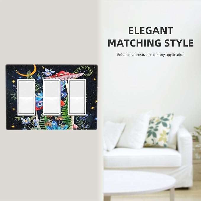 Moon Snail Boho Moth Mushroom 3 Gang Three Gfci/Decorator Receptacle Switch Face Wall Plate Black Witchy Fantasy Botanical Butterfly Decorative Triple Rocker Light Switch Cover for Dimmer Screwless