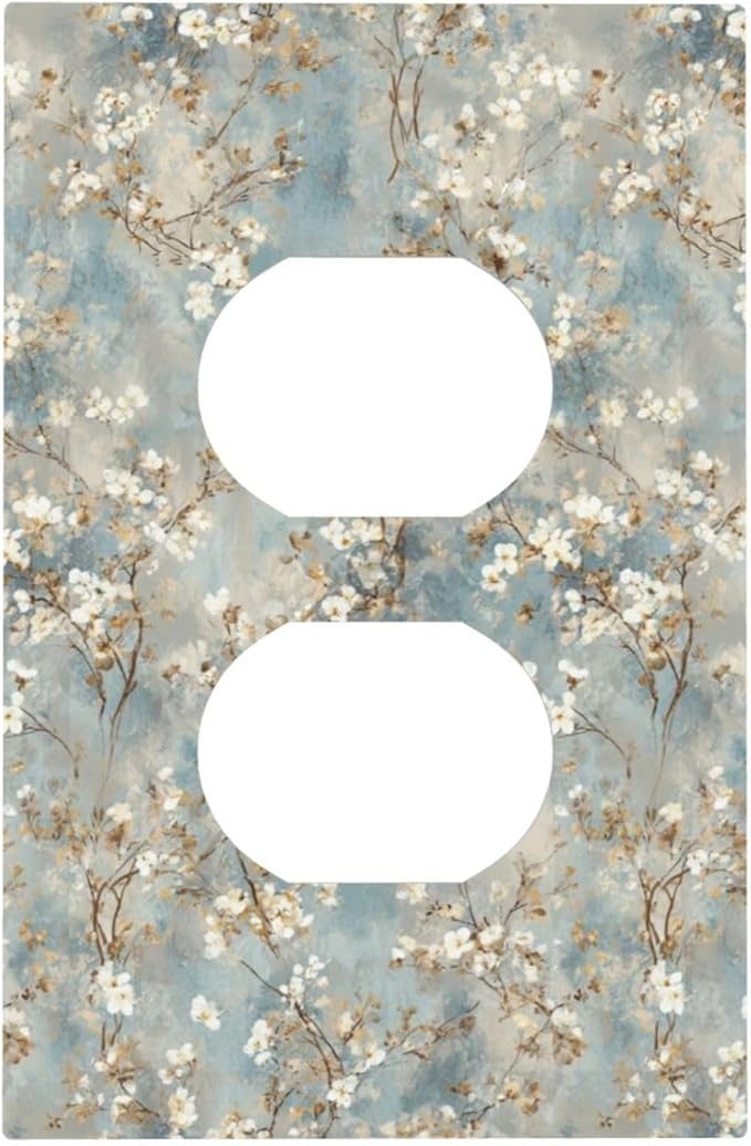 Decorative Outlet Covers Rustic Blue White Plum Blossom Flower 1 Gang Duplex Light Switch Cover Plate Unique Wall Plates for Electrical Switch Plate Covers for Bedroom Home Decor