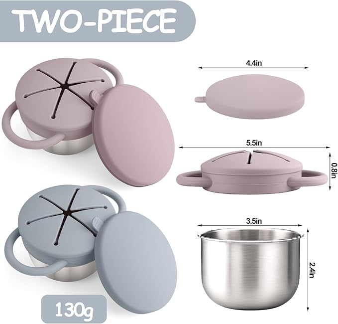 Mity rain Stainless Steel Snack Containers for Toddlers with Spill-Proof Silicone Lids Handles - 3-in-1 Baby Snack Cups, No-Spill Toddler Snack Box (Grey+Grey Purple, Two piece set)