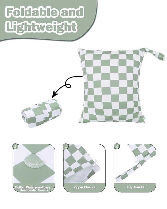 babygoal Waterproof Wet Dry Bag for Swimsuits,Travel, Food Storage, Stroller, Daycare, Baby Diapers, Yoga, Beach, Pool, Wet Clothes-Bean Green Lattice