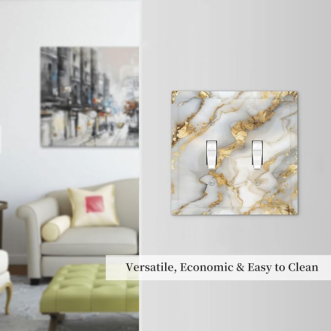 Luxurious White Gold Marble Patterns Abstract Decorative Switch Plates 2 Gang Double Toggle Outlet Light Switch Cover Wall Plate Electrical Faceplate for Bathroom Kitchen Decor