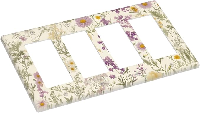 Watercolor Floral Leaves 4 Gang Light Switch Cover Plate Small Purple Flowers Daisies Quad Rocker Outlet Covers Switchplates Decorative Electrical Faceplate for Bedroom Kitchen Living Room Decor