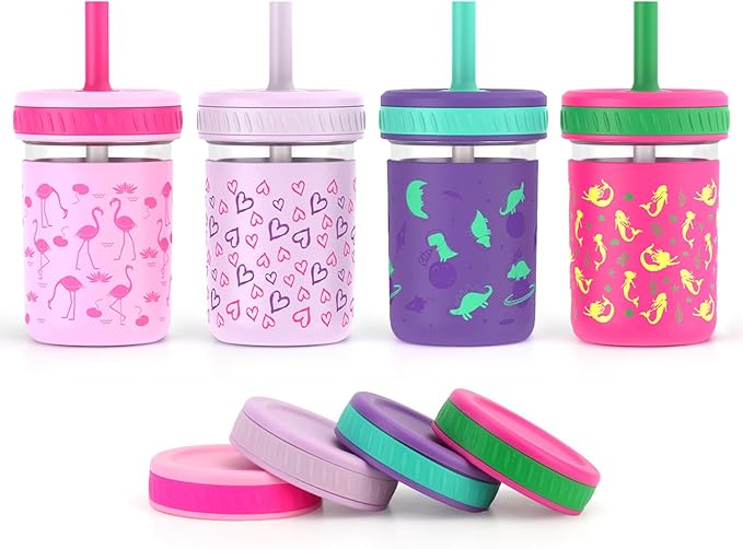 Sursip Toddler Glass Cups with Straw, Spill-Proof Kids Mason Jar Food Storage with Lids, Sippy Cups for Drinks, Smoothies, Snacks, Milk Cup [4 Pack] 8 oz 2-in-1