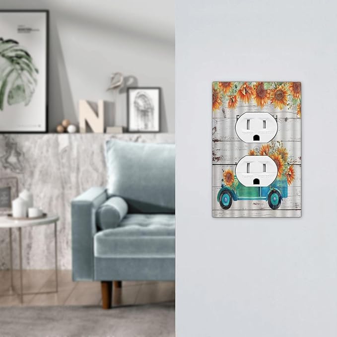 Decorative Outlet Covers Teal Farm Truck Pulling Sunflowers 1 Gang Wall Plate Receptacle Duplex Light Switch Cover Plate Single Dual Plug Covers Electrical Switchplate Faceplate