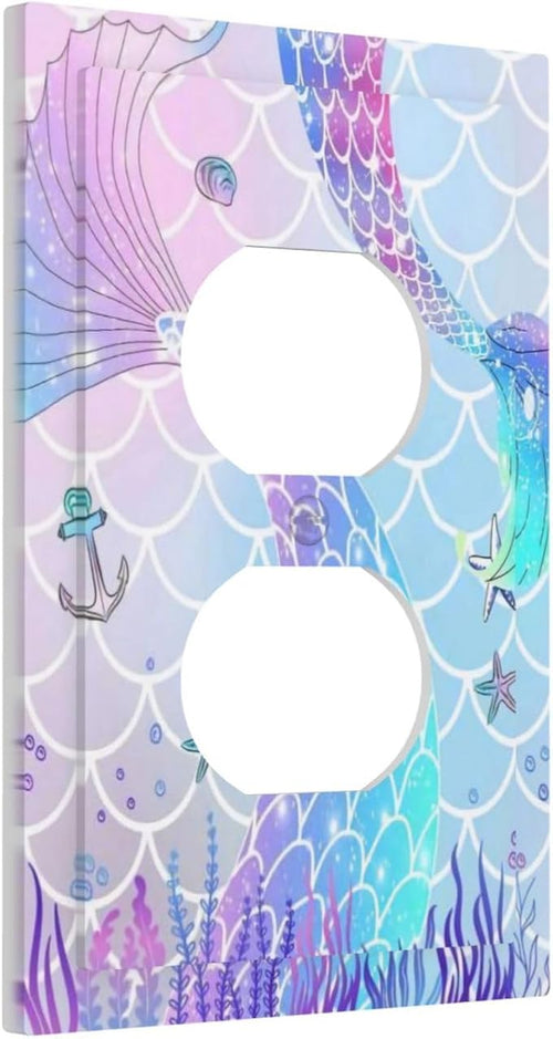 1 Gang Single Duplex Receptacle Outlet Cover Colorful Kid Girls Purple Pink Mermaid Tail Scales Starfish Electrical Wall Plate One Gang Dual Device Light Switch Faceplate Socket Plug Cover No Glitter