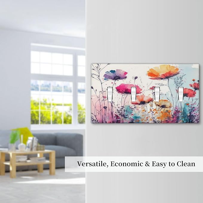 Light Switch Cover Plate Abstract Floral watercolor flowers 4 Gang Switch Plate Quad Toggle Wall Plates Wildflower Decorative Switchplate Electrical Outlet Cover Plates for Home Decor