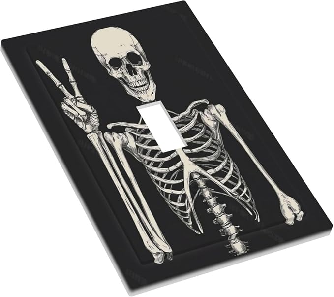 Decorative Light Switch Cover Skeleton Skull Boho Hippie Dark Background 1 Gang Single Toggle Device Electrical Faceplate Switchplates Decorator Outlet Wall Plate For Cabin Office Decor