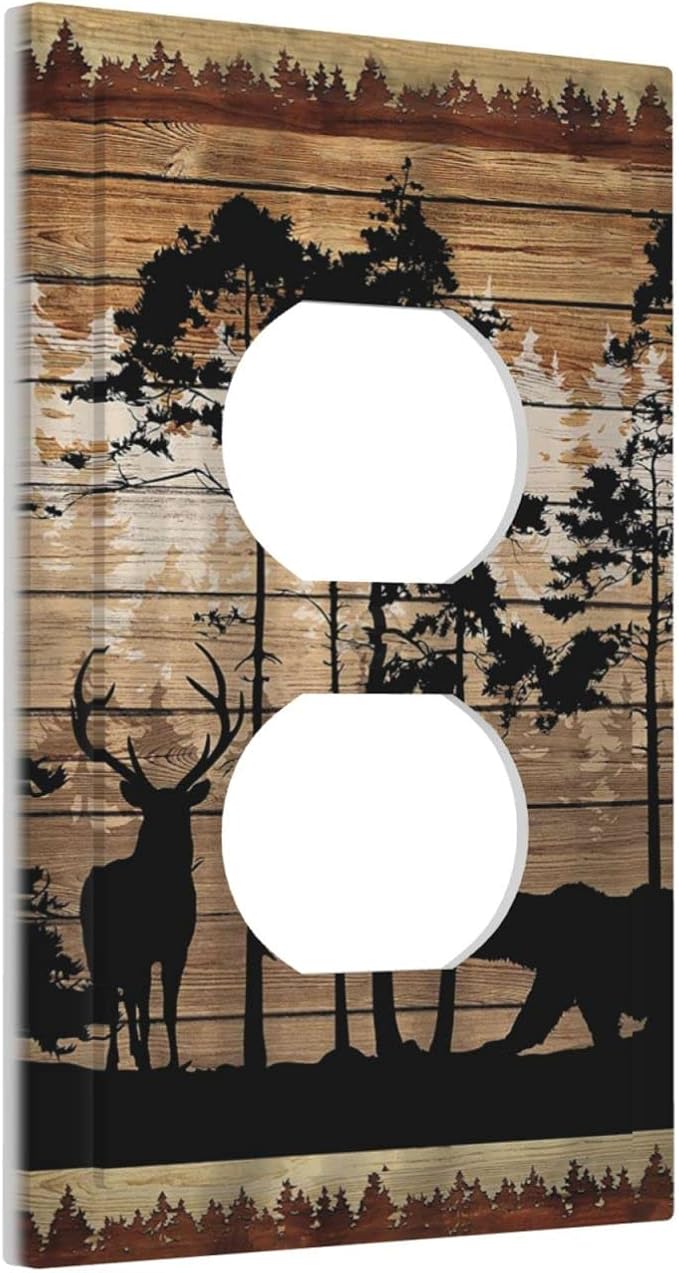 Rustic Forest Cabin Black Bear Deer Silhouettes Hunting Country Elk Wildlife 1 Gang Duplex Wall Plate Electrical Receptacle Outlet Cover Decorative Dual Device Mid Size Plug Light Switch Wallplate