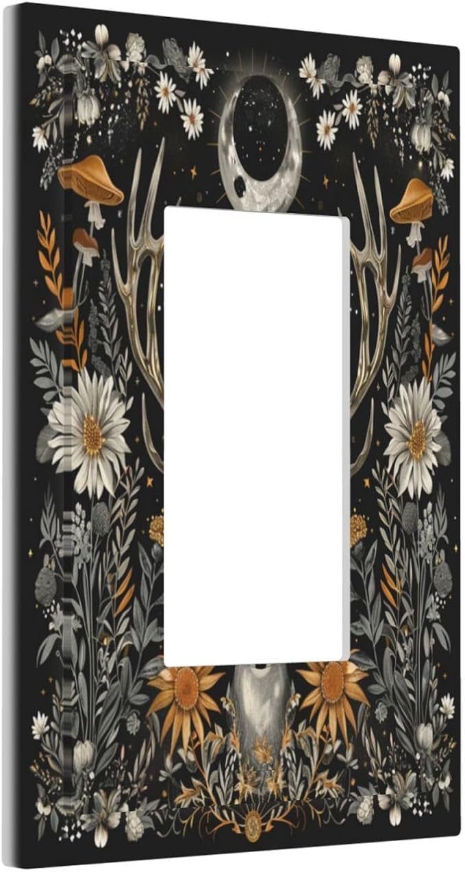 Light Switch Cover Plate Vintage Deer Flowers Moon Natural Plants Floral 1 Gang Outlet Covers Single Rocker Decorative Switch plates Electrical Wall Plates GFCI Receptacle for Bathroom Bedroom