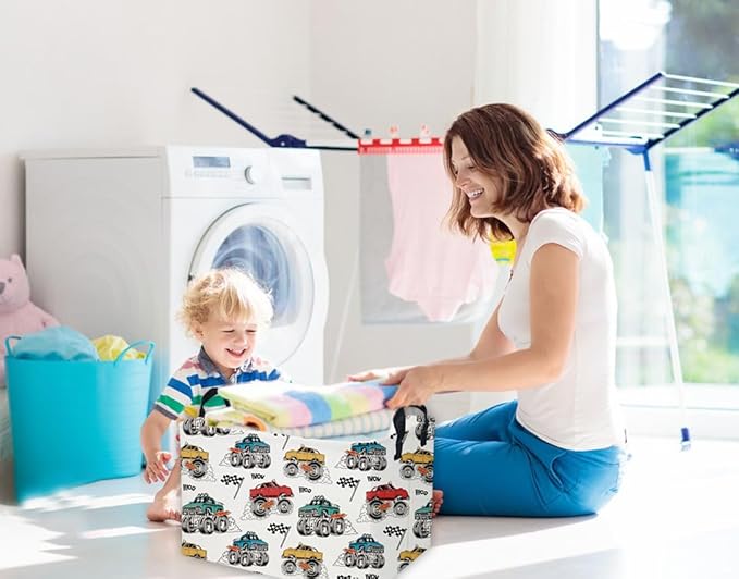 Essme Rectangular Monster Truck Baskets Boys Basket,Kids Storage Bins with Handles for Car Decor, Racing Storage Bin（Monster truck）