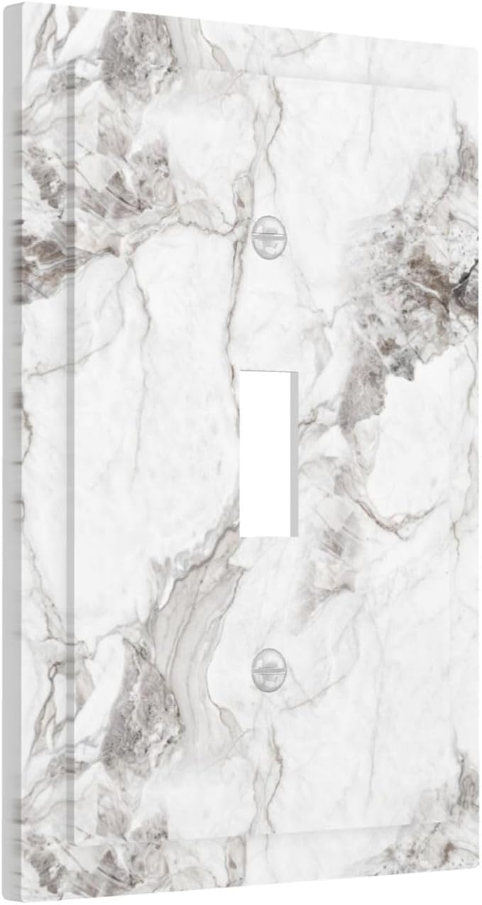 White And Gray Marble Patterns Texture Abstract Print Decorative Light Switch Cover 1 Gang Single Toggle Device Electrical Faceplate Switchplates Decorator Outlet Wall Plate for Bathroom Kitchen Decor