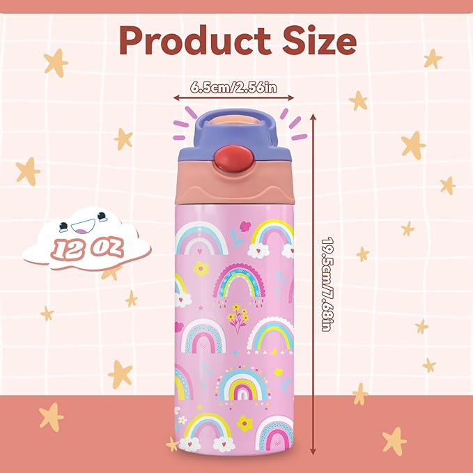 Rainbow Water Bottle for Kids - 12oz Colorful Kids Water Bottle with Straw, Stainless Steel Tumbler, Insulated, Leak-proof, BPA-free, Pop-up Straw Lid, for School - Children Birthday Gift Cup(1pc)