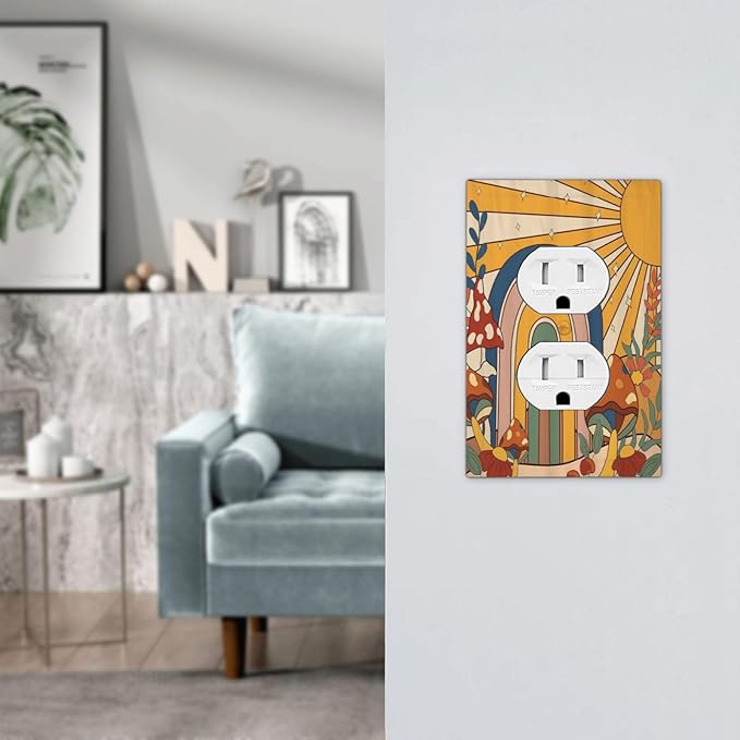 Outlet Covers Mushroom Hippie Sun Rainbow Vintage Floral Funky Boho 1 Gang Duplex Electrical Receptacle Faceplate Light Switch Cover Wall Plate Decorative Switch Plates for Bedroom