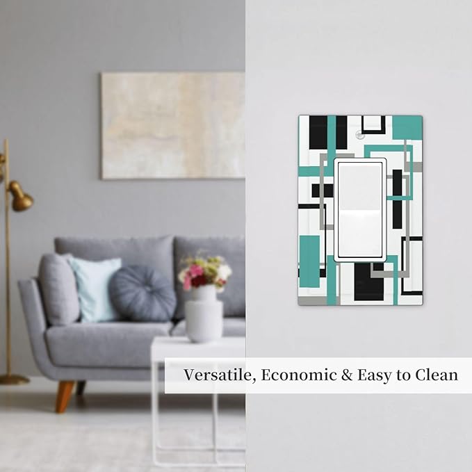 Geometric Turquoise Black Gray Modern Abstract Boho Decorative Outlet Covers 1 Gang Single Rocker Light Switch Cover Plate Wall Plates GFCI Faceplate for Office Nursery Decor