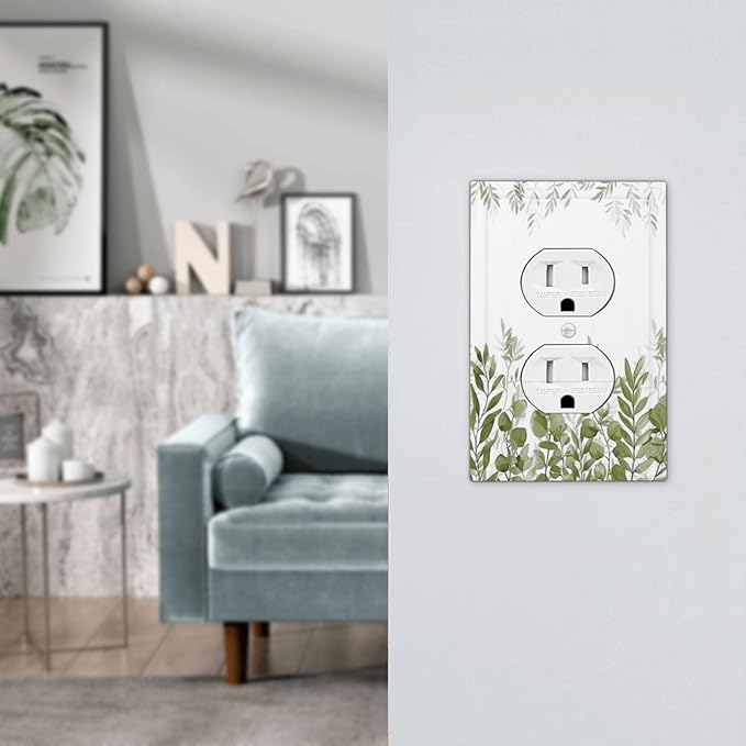 Green Eucalyptus Plant Leaves Vine Outlet Covers 1 Gang Duplex Light Switch Cover Decorative Switch Plates Electrical Receptacle Faceplate Wall Plate for Bed Room Living Room Decor