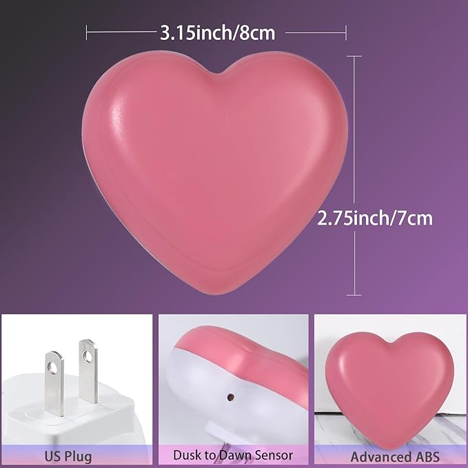 INZU Cute Night Light, Heart Night Light for Kids, LED Nightlight with Auto Dusk to Dawn Sensor, Nightlight Plug into Wall with Soft Warm Light for Bedroom, Nursery, Bathroom, Hallway (Pink)