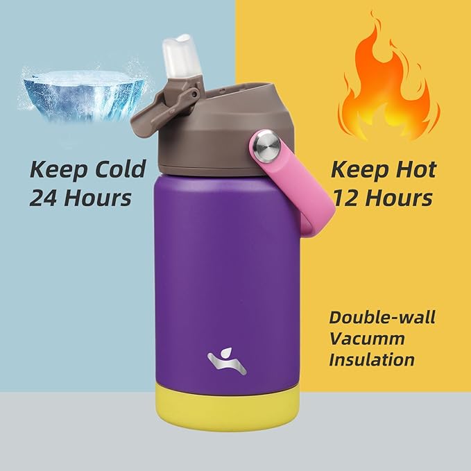 Konokyo Insulated Water Bottle with Straw Lid,12 oz Stainless Steel Vacuum Metal Bottle with Silicone Handle,Violets