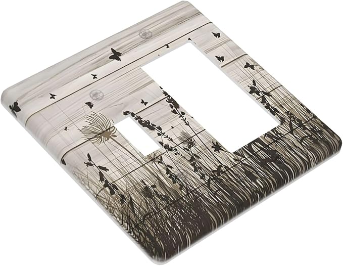 Wildflower Butterfly Grass Dandelion Vintage Wooden Print Outlet Covers 1 Toggle 1 Rocker Combination Decorative Wall Plate Electrical Switch Plates Light Switch Cover Plate for Farmhouse Home Decor