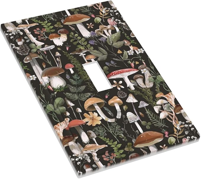 Cute Vintage Gothic Black Boho Mushroom Decorative Light Switch Cover 1-Gang Plant Fungus Forest Botanical Floral Single Toggle Wall Plate Electrical Device Outlet Switch Faceplate Cover Jumbo Size