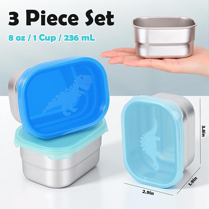 Tanjiae 3×8oz Small Stainless Steel Snack Containers for Kids & Toddlers - 230mL Leakproof Food Containers with Cute Dino Lids | LFGB Certified, Stackable Metal Snack Box for Daycare, School, Travel