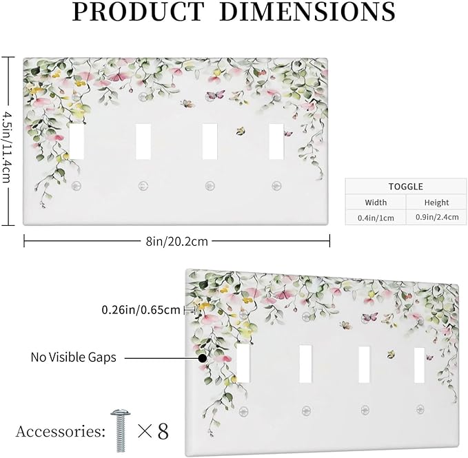 Watercolor Flowers Vine Colorful Butterfly Floral Light Switch Covers Quad Toggle Electrical Faceplate 4 Gang Wall Plate Decorative Switch Plates For Bed Room Living Room Decor