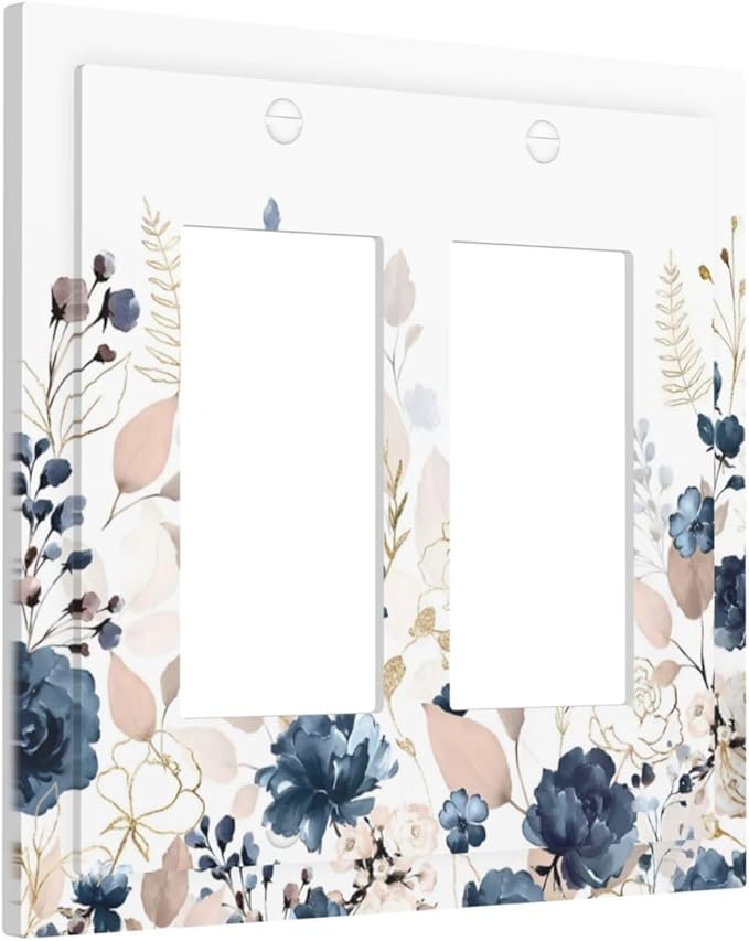 Blue Flora Boho Vintage Flower Golden Leaves Decorative Outlet Covers 2 Gang Double GFCI Rocker Electrical Wall Panels Light Switch Cover Plate for Bedroom Living Room Decor