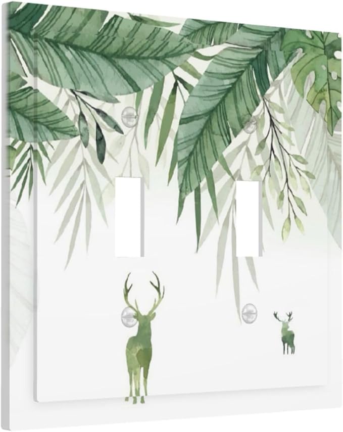 Deer Banana Leaves Palm Trees Green Plants Decorative Switch Plates 2 Gang Double Toggle Outlet Light Switch Cover Wall Plate Electrical Faceplate for Bed Room Living Room Decor