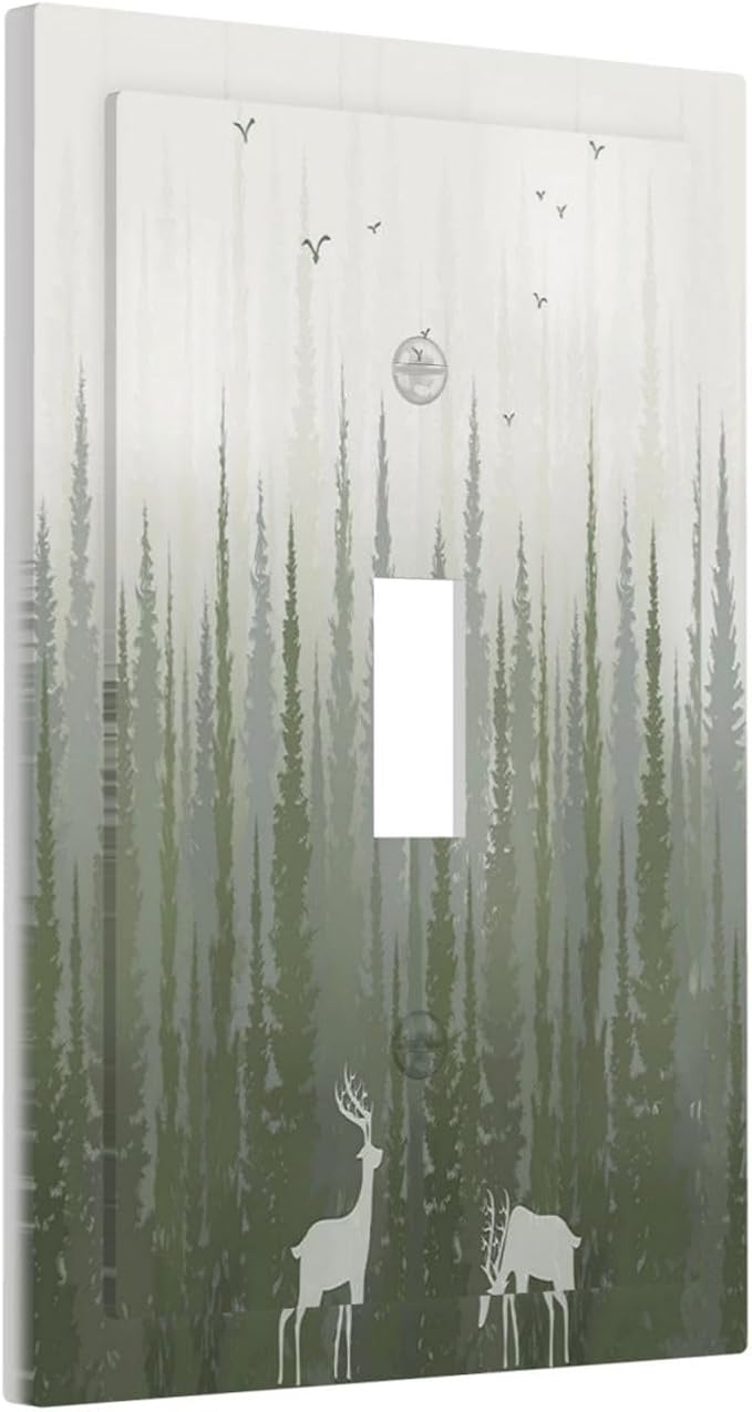 Green Pine Tree Deer Country forest Bird Nature Mist Decorative Light Switch Cover 1 Gang Single Toggle Device Electrical Faceplate Switchplates Decorator Outlet Wall Plate for Bedroom Home Decor