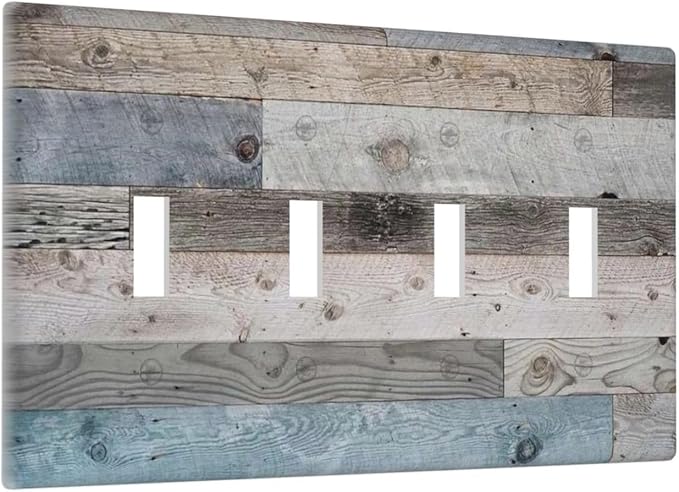 Western Country Kitchen Vintage Old Style 4 Gang Quad Toggle Decorator Outlet Light Switch Cover Barn Door Cabin Teal Blue Wood Plank Wall Plate Electric Faceplate Decorative Switchplate Socket Cover
