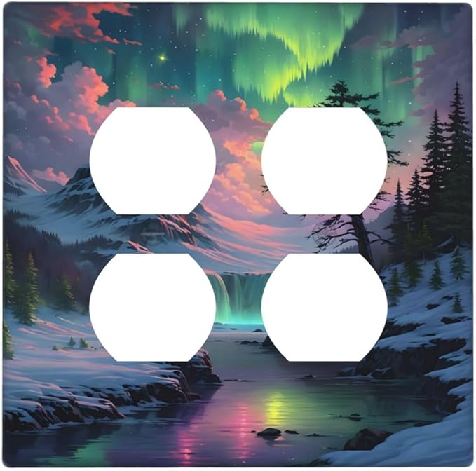 Snow Mountain Aurora Waterfalls Rivers Forest Outlet Covers 2 Gang Double Duplex Decorative Light Switch Covers Electrical Wallplates Socket Faceplate for Bedroom Living Room Decor
