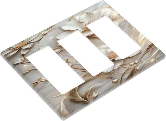 Decorative Art Light Switch Covers Elegant White and Gold Florals 3 Gang Triple Rocker Outlet Switch plate GFCI Faceplate GFCI for Home Decor