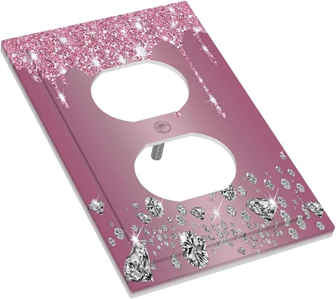 Sparkling Diamonds Pink Silver Glitter Drops Print 1 Gang Outlet Plate Decorative Single Duplex Wall Plate Covers Unique Electrical Receptacle Light Switch Cover Faceplate Switchplate for Bedroom