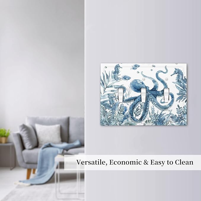Blue Octopus Squid Seahorse Coral Watercolor Wild Sealife Decorative Switch Plates 3 Gang Wall Plate Triple Toggle Light Switch Cover Faceplate Electrical Wall Panels for Bathroom Kids Room Decor